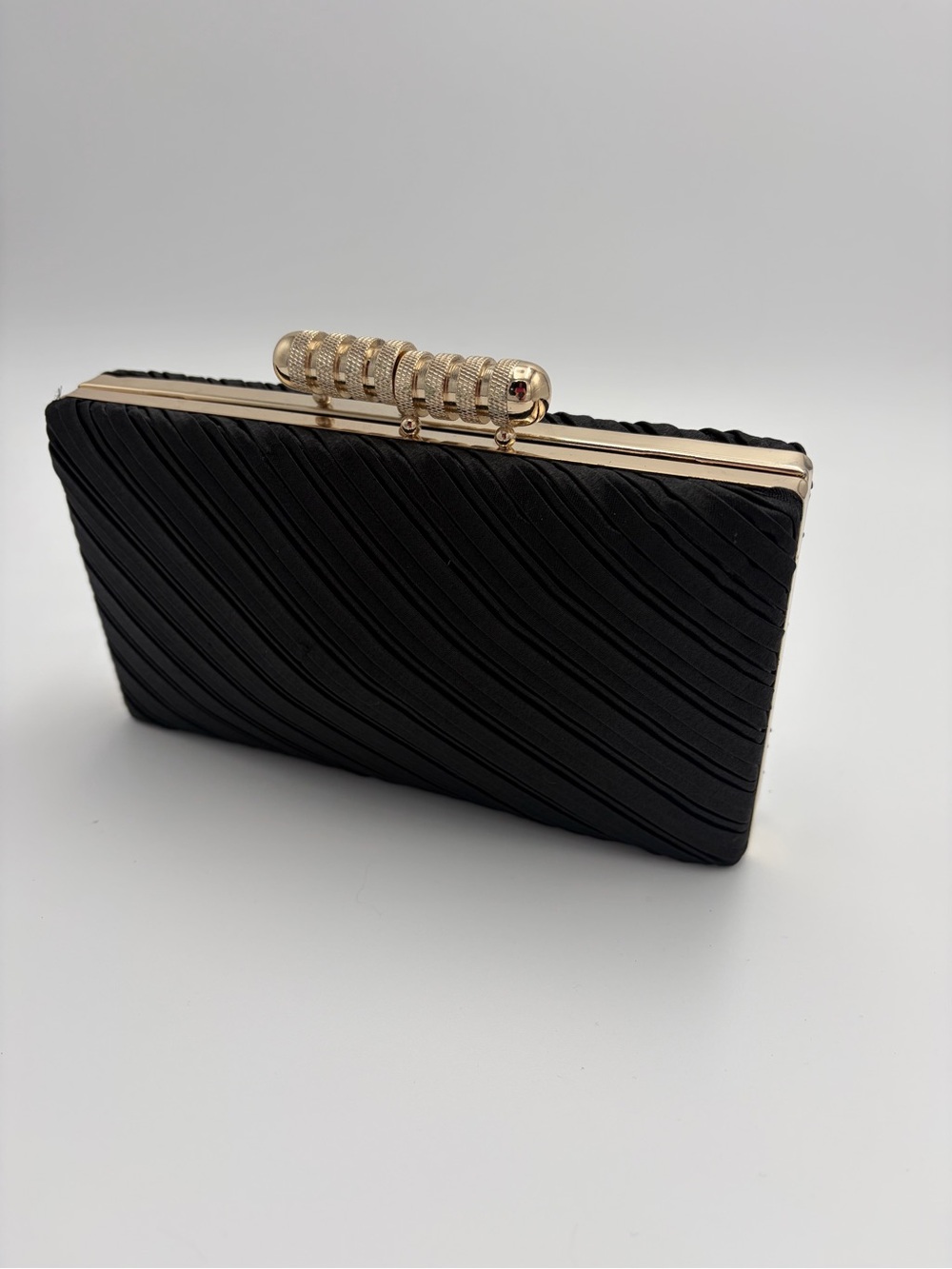 Kate Landry Black Satin Pleated Evening Clutch Gold Frame Shoulder Bag